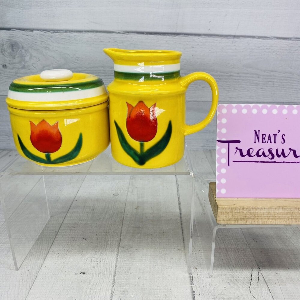 1960's Georges Briard ORANGE TULIP Yellow Stoneware Creamer & Sugar Bowl Set